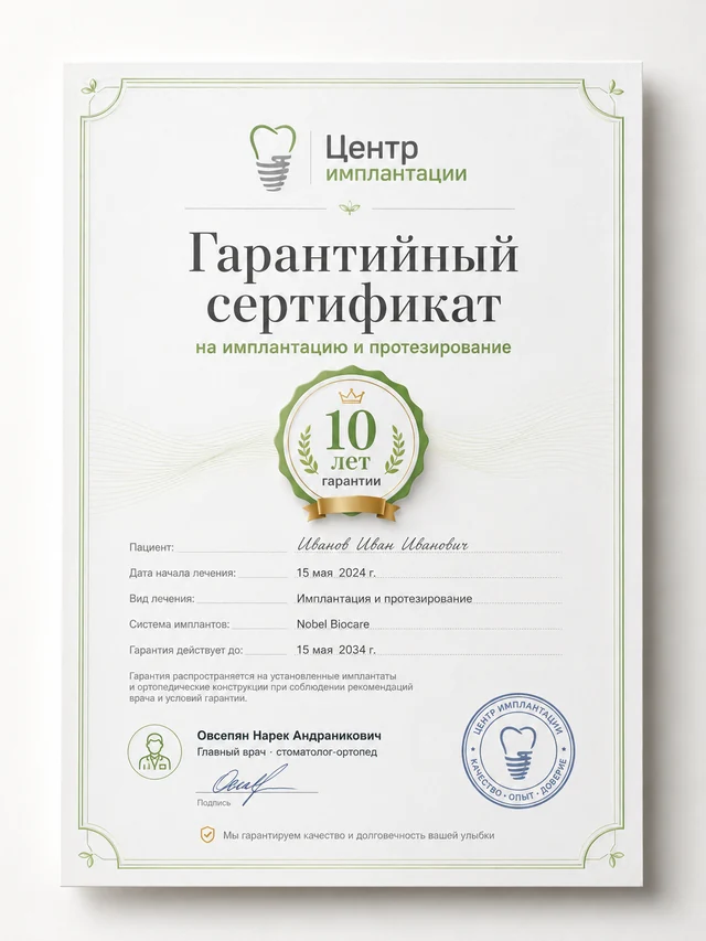 Гарантийный сертификат — Центр имплантации
